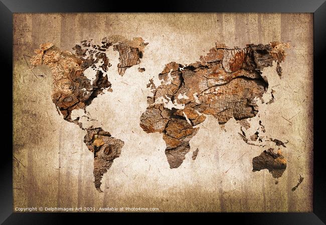 Modern abstract wood world map Framed Print by Delphimages Art