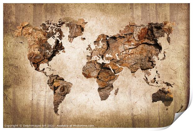 Modern abstract wood world map Print by Delphimages Art
