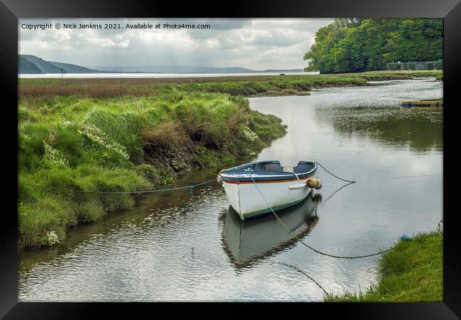 Single Rowing Boat Taf Estuary Laugharne Carmarthe Framed Print by Nick Jenkins