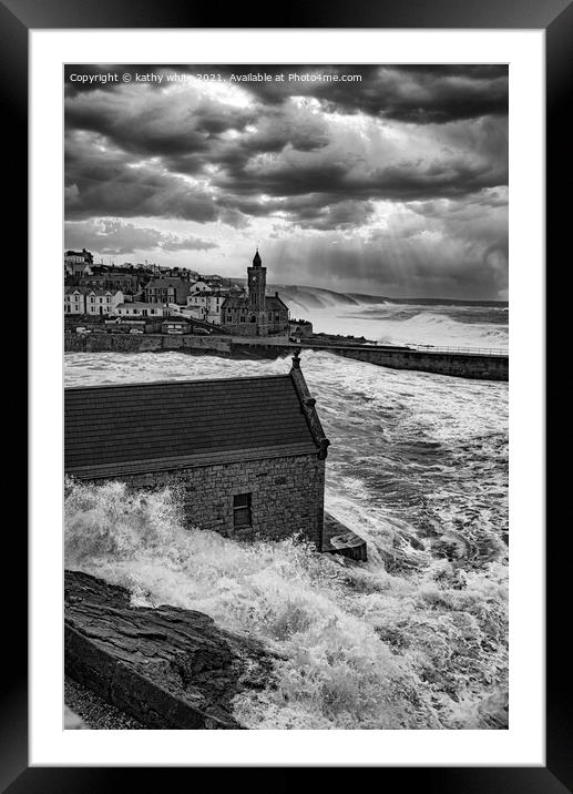 Clock tower Porthleven  Storm force Framed Mounted Print by kathy white