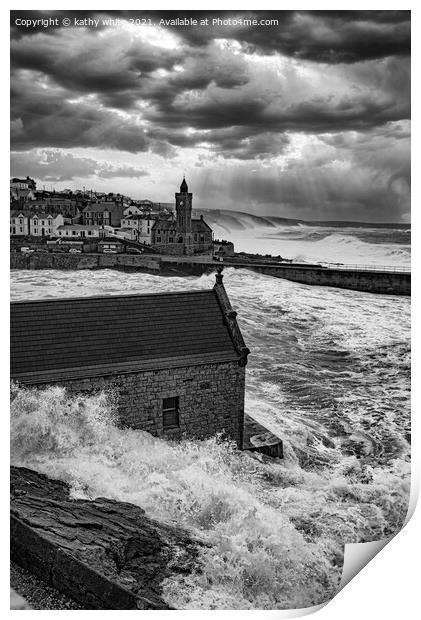 Clock tower Porthleven  Storm force Print by kathy white