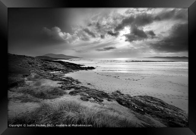Moody skies over Nisabost, Harris, Outer Hebrides Framed Print by Justin Foulkes
