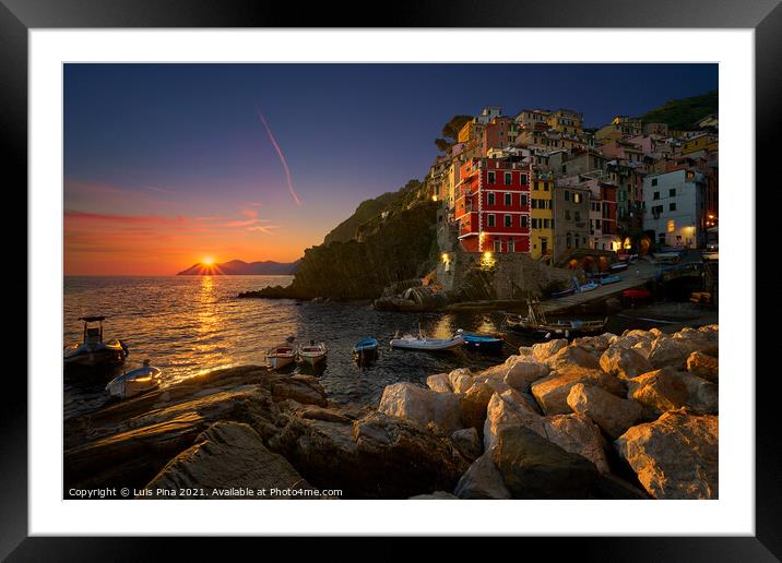 Riomaggiore in Cinque Terre at sunset, in Italy Framed Mounted Print by Luis Pina