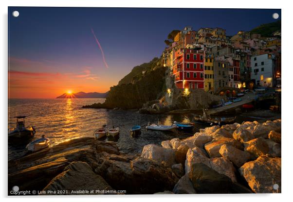 Riomaggiore in Cinque Terre at sunset, in Italy Acrylic by Luis Pina