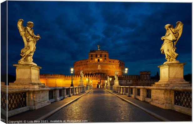 Pont St Angelo Bridge at night with statues and castle in Rome, Italy Canvas Print by Luis Pina