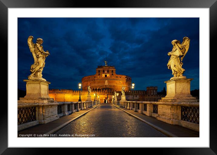 Pont St Angelo Bridge at night with statues and castle in Rome, Italy Framed Mounted Print by Luis Pina