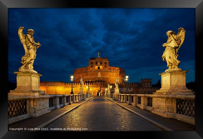 Pont St Angelo Bridge at night with statues and castle in Rome, Italy Framed Print by Luis Pina