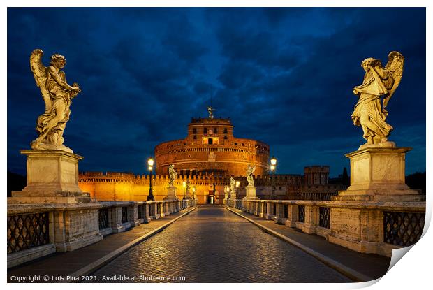 Pont St Angelo Bridge at night with statues and castle in Rome, Italy Print by Luis Pina