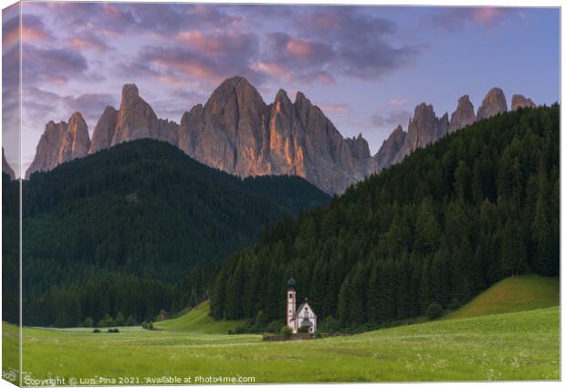 Church at Santa Magdalena on the  Italian mountains Dolomites Alps at sunset Canvas Print by Luis Pina