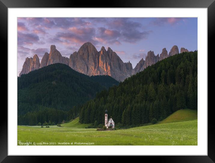 Church at Santa Magdalena on the  Italian mountains Dolomites Alps at sunset Framed Mounted Print by Luis Pina