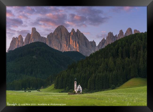Church at Santa Magdalena on the  Italian mountains Dolomites Alps at sunset Framed Print by Luis Pina