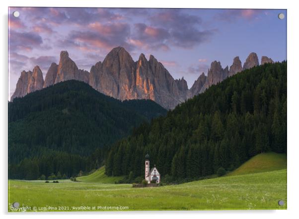 Church at Santa Magdalena on the  Italian mountains Dolomites Alps at sunset Acrylic by Luis Pina