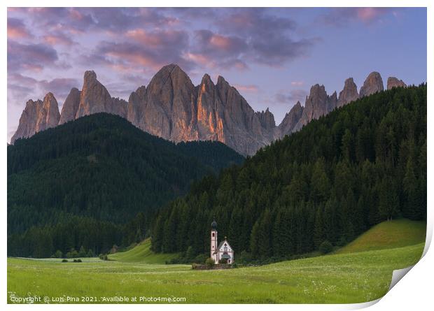 Church at Santa Magdalena on the  Italian mountains Dolomites Alps at sunset Print by Luis Pina