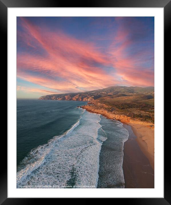Aerial view from a beach at the sunset. Framed Mounted Print by nuno valadas