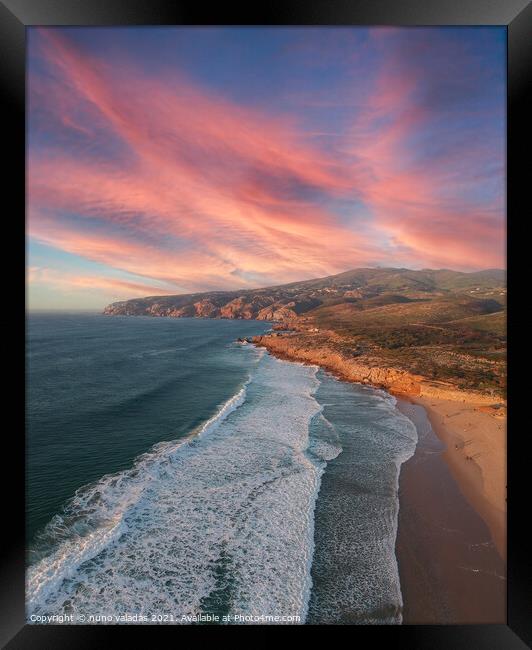 Aerial view from a beach at the sunset. Framed Print by nuno valadas