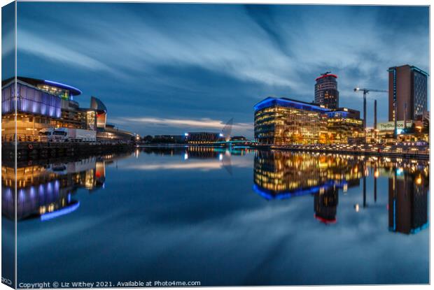 Media City, Blue Hour, Salford Quays Canvas Print by Liz Withey