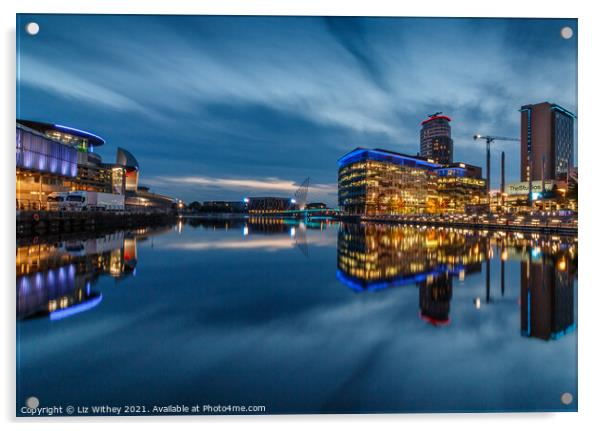 Media City, Blue Hour, Salford Quays Acrylic by Liz Withey