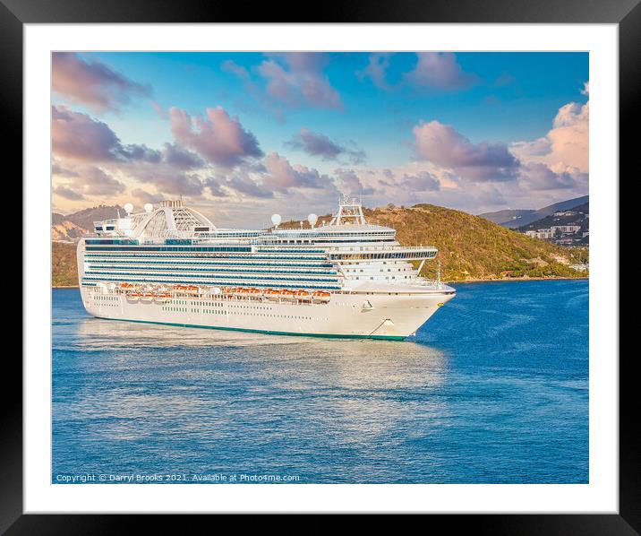 Massive Luxury Cruise Ship in St. Thomas Bay at Dusk Framed Mounted Print by Darryl Brooks