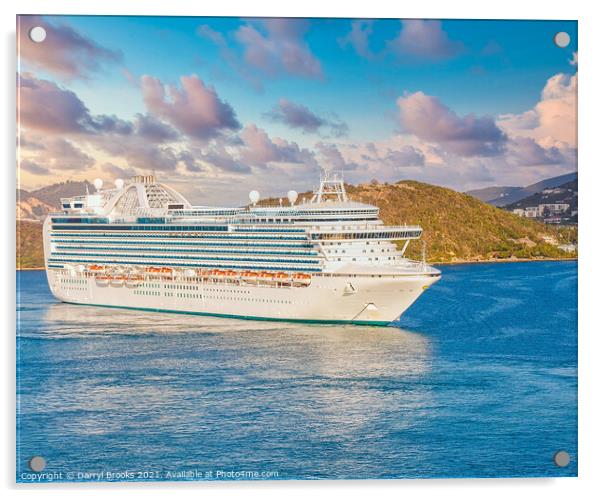 Massive Luxury Cruise Ship in St. Thomas Bay at Dusk Acrylic by Darryl Brooks