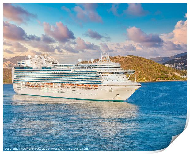 Massive Luxury Cruise Ship in St. Thomas Bay at Dusk Print by Darryl Brooks