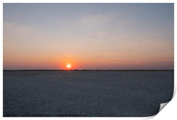 Sun Setting in Makgadikgadi Salt Pan - Empty Flat Plain and Hori Print by Dietmar Rauscher