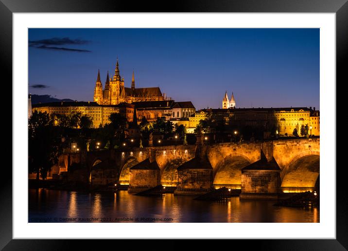 Prague Cityscape at Night with Saint Vitus Cathedral and Charles Framed Mounted Print by Dietmar Rauscher