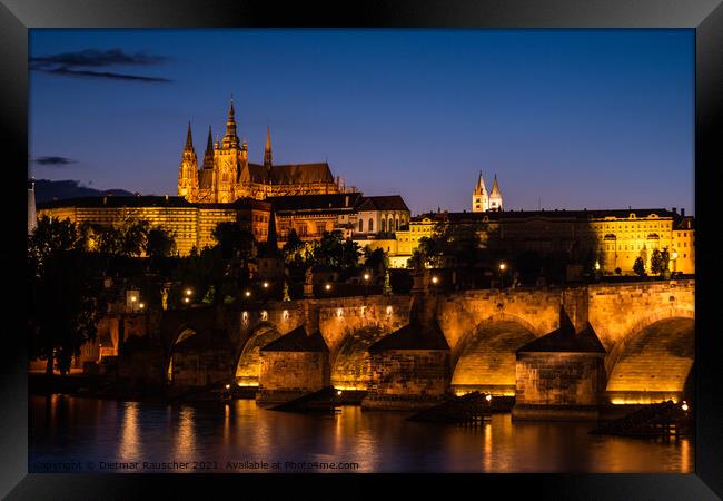 Prague Cityscape at Night with Saint Vitus Cathedral and Charles Framed Print by Dietmar Rauscher