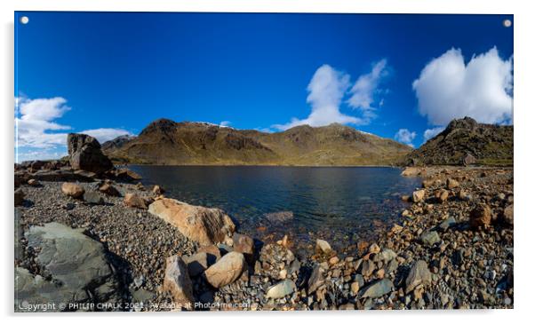 Levers water panorama in the  lake district with snow on the tops 522 Acrylic by PHILIP CHALK