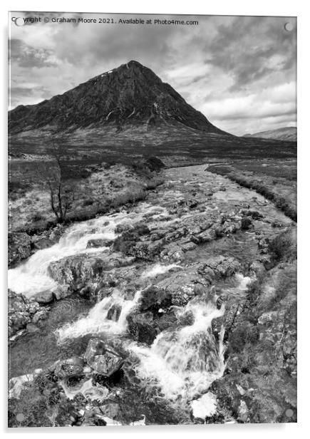 Buachaille Etive Mor and waterfall monochrome Acrylic by Graham Moore