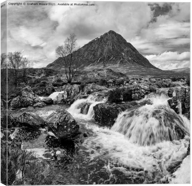 Buachaille Etive Mor and waterfall monochrome Canvas Print by Graham Moore