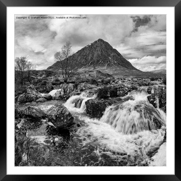 Buachaille Etive Mor and waterfall monochrome Framed Mounted Print by Graham Moore