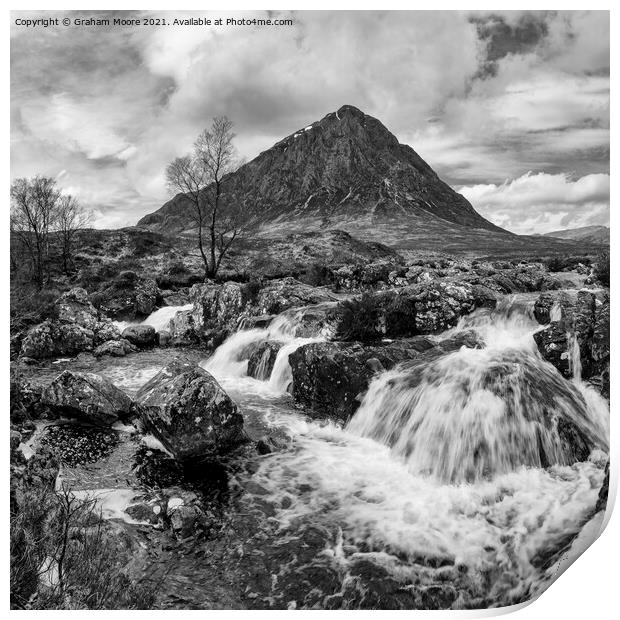 Buachaille Etive Mor and waterfall monochrome Print by Graham Moore