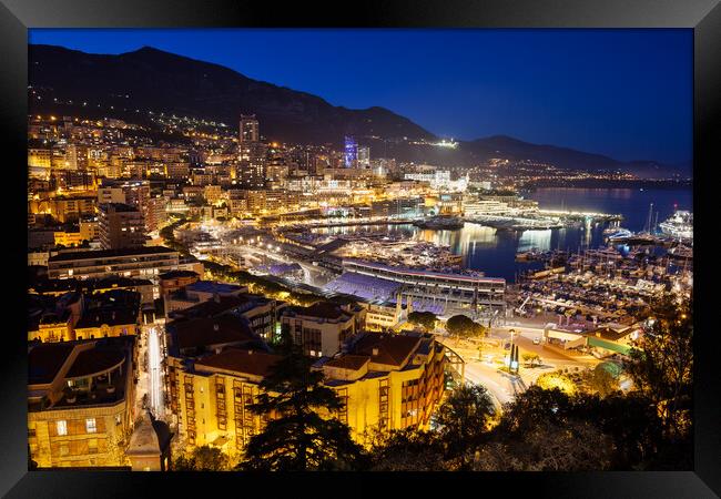 Monaco Port And Monte Carlo At Night Framed Print by Artur Bogacki
