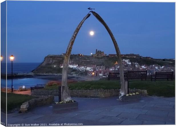 Full moon over Whitby Abbey Canvas Print by Sue Walker
