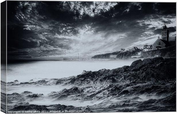 Clock tower Porthleven,black and white Canvas Print by kathy white