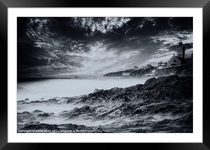 Clock tower Porthleven,black and white Framed Mounted Print by kathy white