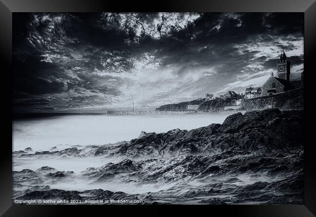 Clock tower Porthleven,black and white Framed Print by kathy white