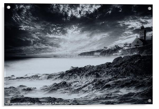 Clock tower Porthleven,black and white Acrylic by kathy white