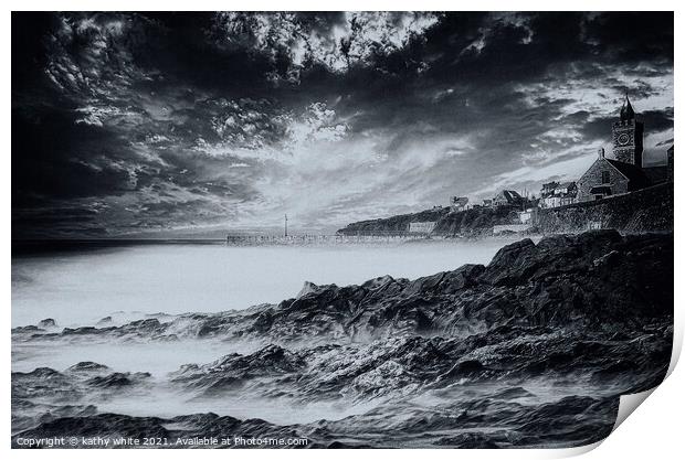 Clock tower Porthleven,black and white Print by kathy white