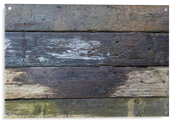 Abstract background of damp stacked wooden railway sleepers covered with frost Acrylic by SnapT Photography