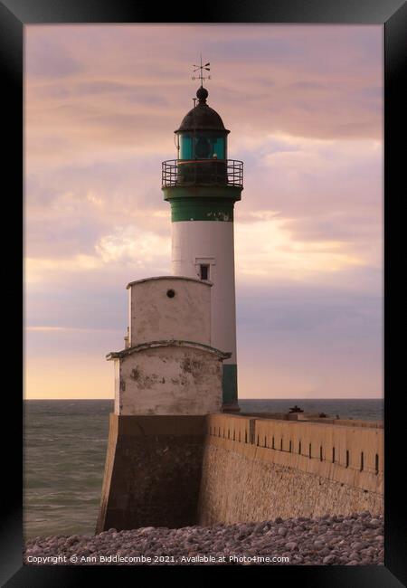 Lighthouse of Le Treport in Normandy under stormy  Framed Print by Ann Biddlecombe