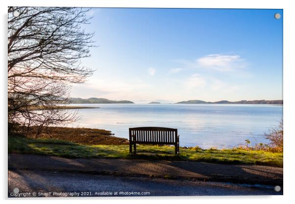 An empty wooden seat or bench over looking the sea at Kirkcudbright Bay Acrylic by SnapT Photography