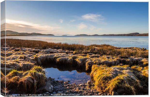Frost covered grass on the coastline of Kirkcudbright bay at low tide Canvas Print by SnapT Photography