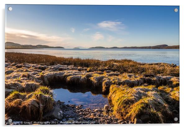 Frost covered grass on the coastline of Kirkcudbright bay at low tide Acrylic by SnapT Photography