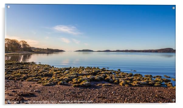 Rocky beach at low tide on a winters morning at Kirkcudbright Bay Acrylic by SnapT Photography