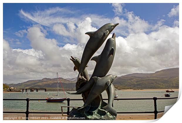 Dolphin sculpture Barmouth promenade Print by Jenny Hibbert