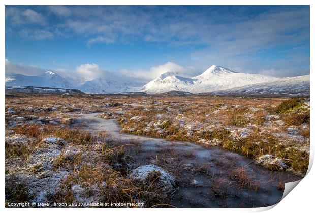 Snow Covered Mountains of Glen Coe Print by Dave Harbon