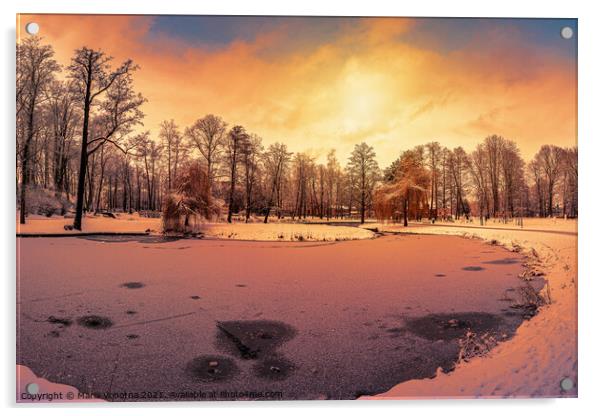 Sunset over winter park with small frozen lake Acrylic by Maria Vonotna