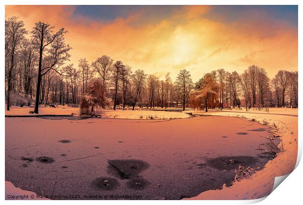 Sunset over winter park with small frozen lake Print by Maria Vonotna