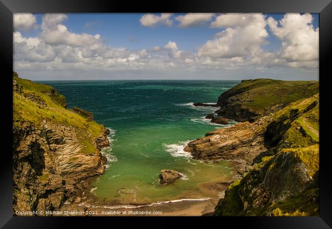 Coastline and cliffs at Tintagel, Cornwall Framed Print by Michael Shannon